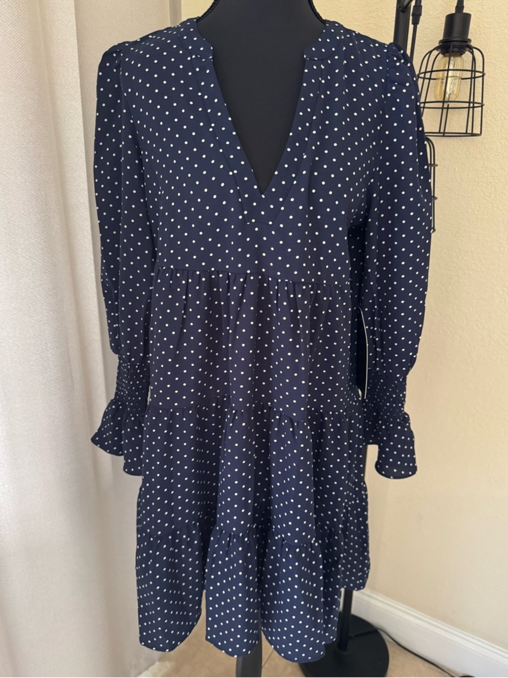 Pomander Place Navy Polka Dot Babydoll Mini Dress NWT Small - Picture 2 of 11